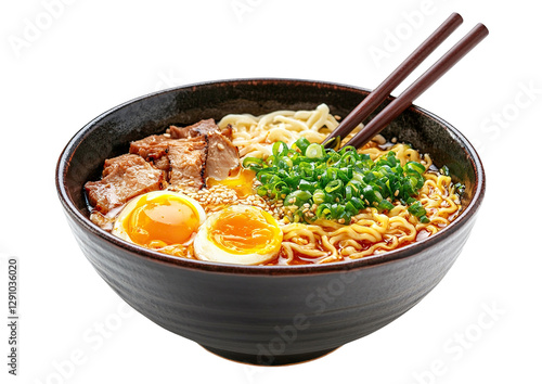Delicious ramen bowl with noodles, meat, egg, and green onions, isolated on transparent cutout background