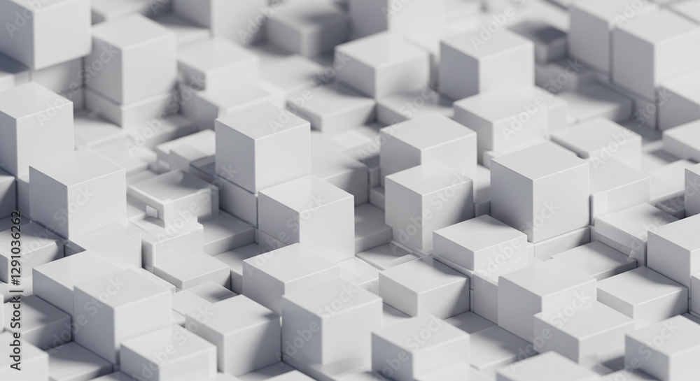 Abstract 3D Render of Interlocking White Cubes. A close-up view of a complex, geometric pattern formed by many interlocking white cubes. Abstract 3D Render of Interlocking White Cubes. A close-up view of a complex, geometric pattern formed by many interlocking white cubes.