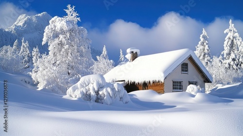 Snow-covered cabin nestled in a winter wonderland, surrounded by snow-laden trees and mountains under a vibrant blue sky.