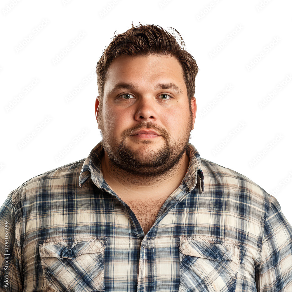 Portrait of a confident overweight man with a beard, wearing a plaid shirt, on a transparent background, Overweight Man Portrait Isolated on transparent background Portrait of a confident overweight man with a beard, wearing a plaid shirt, on a transparent background, Overweight Man Portrait Isolated on transparent background