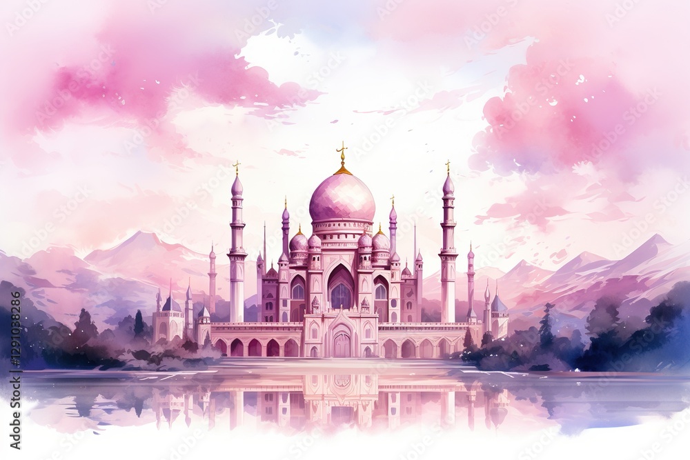 Obraz premium watercolor illustration of beautiful white Arab mosque surrounded by trees and palms reflecting in water at pink sunrise