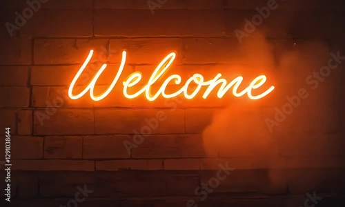 Orange neon sign saying welcome on brick wall with smoke