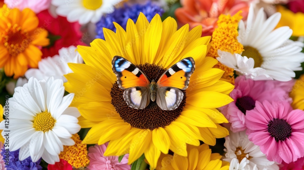 Vibrant butterfly resting on bright yellow sunflower surrounded by colorful flowers in a garden setting Vibrant butterfly resting on bright yellow sunflower surrounded by colorful flowers in a garden setting