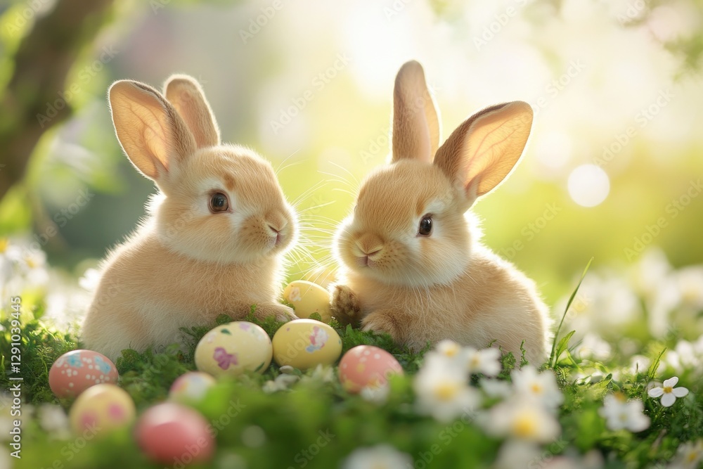 Fototapeta premium Playful rabbits in a sunlit garden with colorful easter eggs