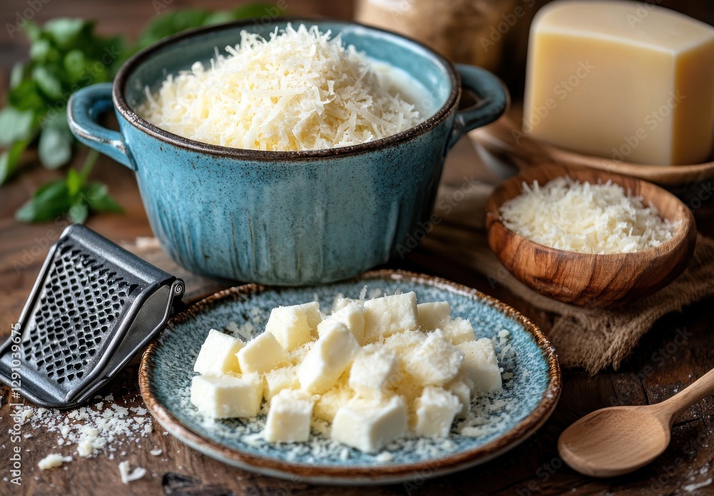 Freshly Grated Cheese and Diced Cheese Cubes Presented on Rustic Table with Kitchen Utensils and Herbs Freshly Grated Cheese and Diced Cheese Cubes Presented on Rustic Table with Kitchen Utensils and Herbs