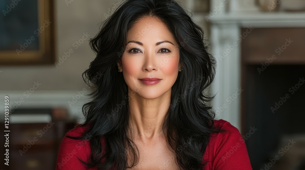 A woman with long, dark hair poses confidently in a warm, inviting indoor environment. Her expression reflects poise and sophistication, highlighting her elegance A woman with long, dark hair poses confidently in a warm, inviting indoor environment. Her expression reflects poise and sophistication, highlighting her elegance