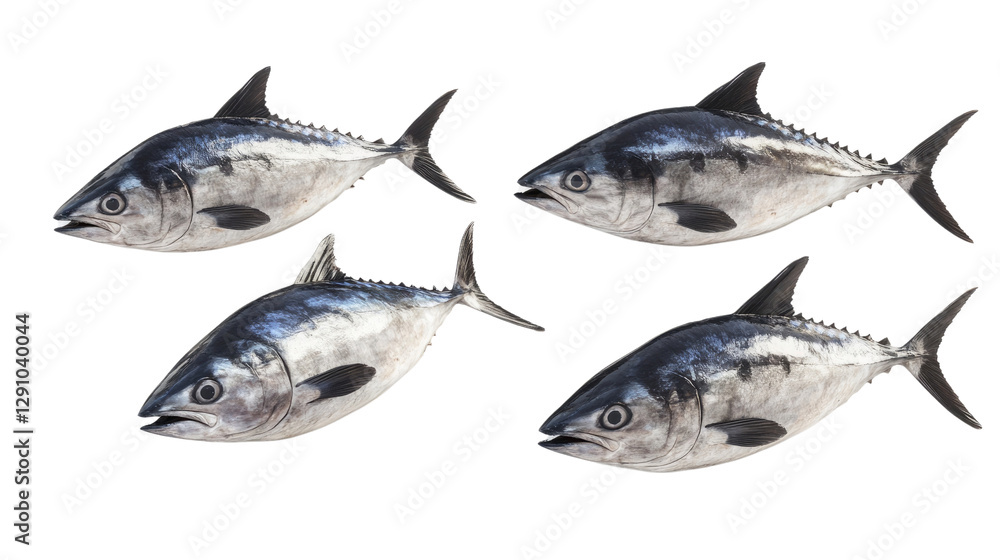 Fresh tunas displayed on a white background highlighting their shiny scales and fresh appearance for seafood lovers Fresh tunas displayed on a white background highlighting their shiny scales and fresh appearance for seafood lovers