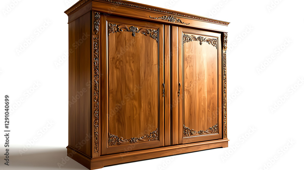 A large wooden cabinet with ornate carvings on the doors. generated using AI A large wooden cabinet with ornate carvings on the doors. generated using AI
