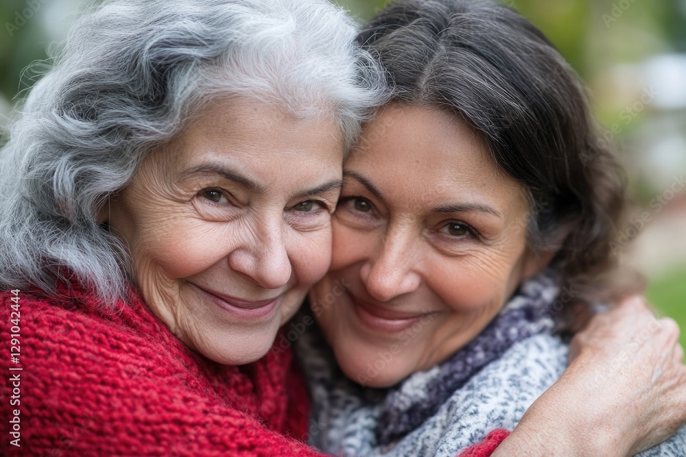 Two women embracing in a park setting Two women embracing in a park setting