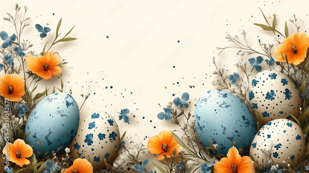 Happy easter template with blue, white rustic floral eggs, dotted background. Vector illustration. Design layout for invitation, card, menu, flyer, banner, poster, voucher.