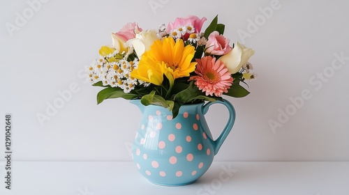 Wallpaper Mural Whimsical pastel polka dot pitcher filled with colorful flowers on a bright background Torontodigital.ca