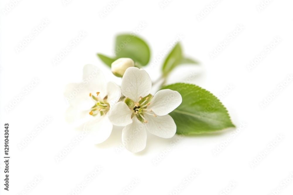 Obraz premium A single white flower sits among lush green leaves on a pure white background, ideal for use in designs where simplicity and elegance are key