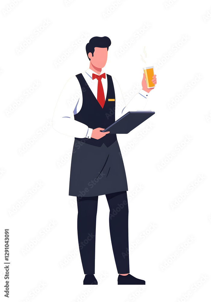 Waiter in formal uniform holding a drink and menu in a restaurant setting Waiter in formal uniform holding a drink and menu in a restaurant setting