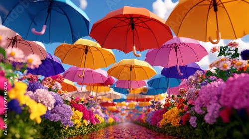 Wallpaper Mural Colorful umbrellas hanging over a vibrant flower-filled pathway in a whimsical spring setting Torontodigital.ca