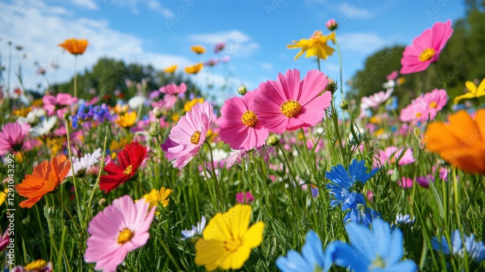 Fototapeta premium Vibrant wildflowers bloom in a wind-swept meadow under a clear blue sky in springtime