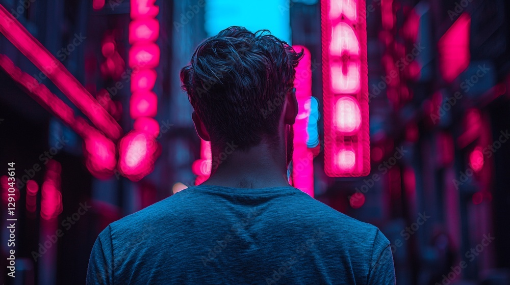 Obraz premium Man walking city night neon lights background, urban exploration