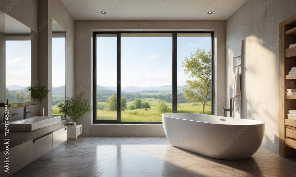 Freestanding tub in a bathroom with a floor-to-ceiling window, bathroom, natural, calm Freestanding tub in a bathroom with a floor-to-ceiling window, bathroom, natural, calm