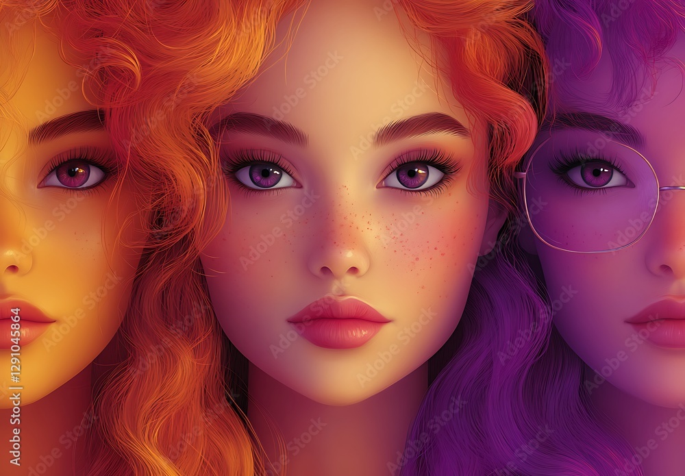 Obraz premium Close Up Portrait of Three Girls with Dramatic Curls and Expressive Makeup in Vibrant Orange and Purple Hues