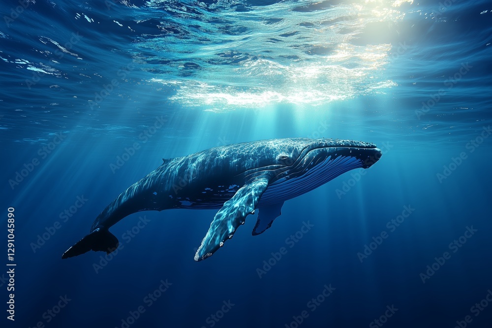 Fototapeta premium Ein majestätischer Buckelwal gleitet durch tiefblaues Wasser. Sonnenstrahlen dringen sanft von der Oberfläche herab.