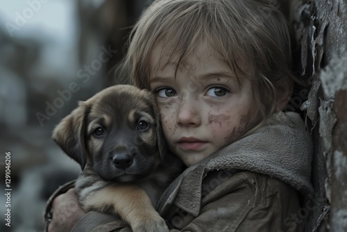 Ein Kind hält schützend einen jungen Hund im Arm. Die Umgebung wirkt trostlos und von Unruhe gezeichnet.