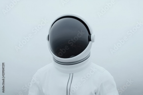 Astronaut in minimalistic design, shrouded in fog, evokes myster photo