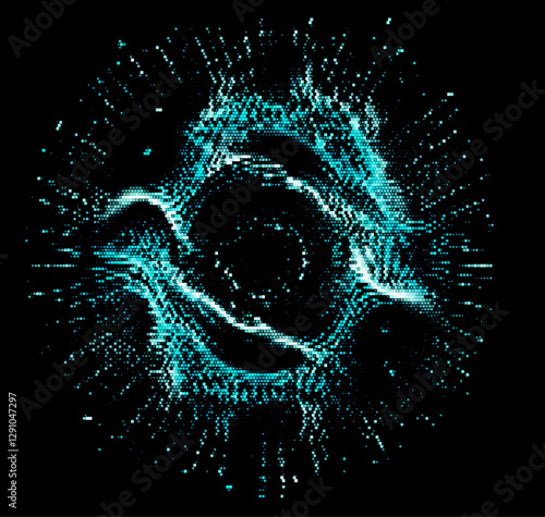 Vector illustration of a dynamic, swirling pattern made from blue dots against a black background. It evokes a sense of cosmic energy and movement, blending digital aesthetics with futuristic art.