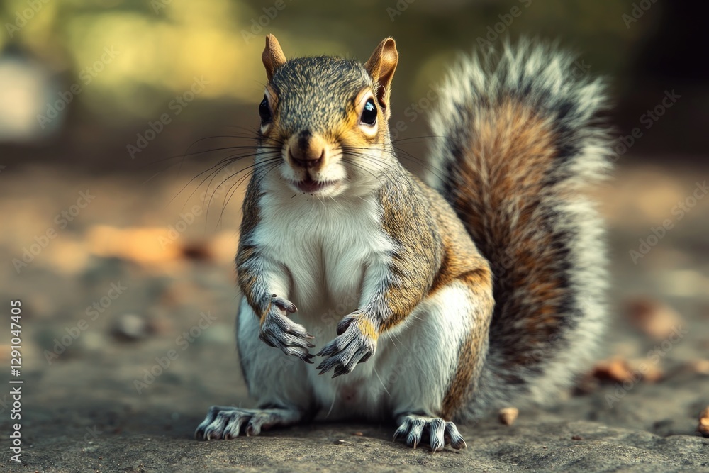 A squirrel stands on its hind legs, looking around cautiously A squirrel stands on its hind legs, looking around cautiously