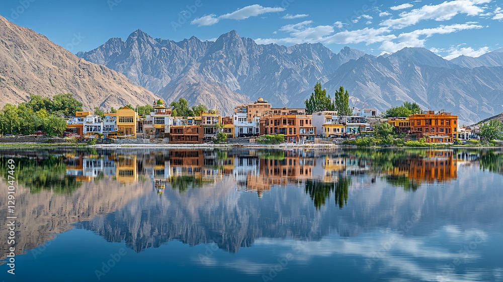 Fototapeta premium Mountain lake town reflection, serene landscape, tourism postcard