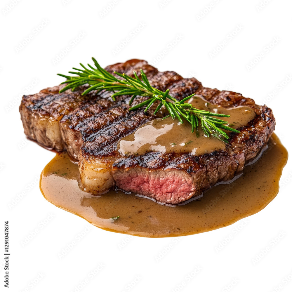 Panfried steak slice served with rich gravy and fresh rosemary on a transparent plate, slice of panfried steak, served with gravy isolated on transparent background Panfried steak slice served with rich gravy and fresh rosemary on a transparent plate, slice of panfried steak, served with gravy isolated on transparent background