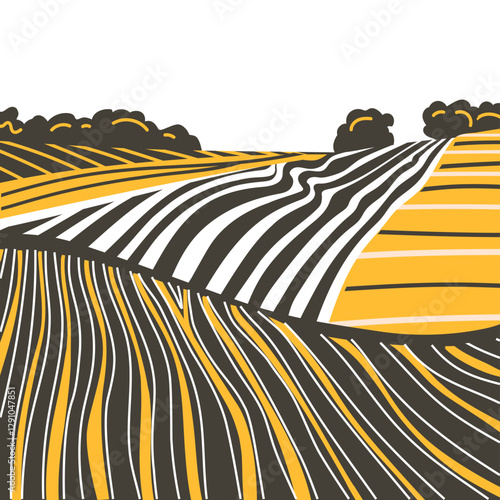 Green grass field on small hills. Meadow, alkali, lye, grassland, pommel, lea, pasturage, farm. Rural scenery landscape panorama of countryside pastures. Vector sketch line illustration