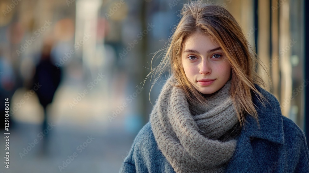 A woman wearing a scarf stands on a city sidewalk A woman wearing a scarf stands on a city sidewalk