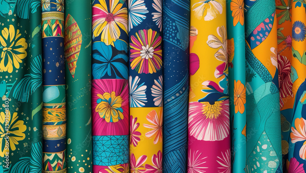 background of printed fabric with a variety of colour patterns background of printed fabric with a variety of colour patterns