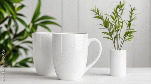 Wallpaper Mural Two white mugs on wooden table, plants background Torontodigital.ca