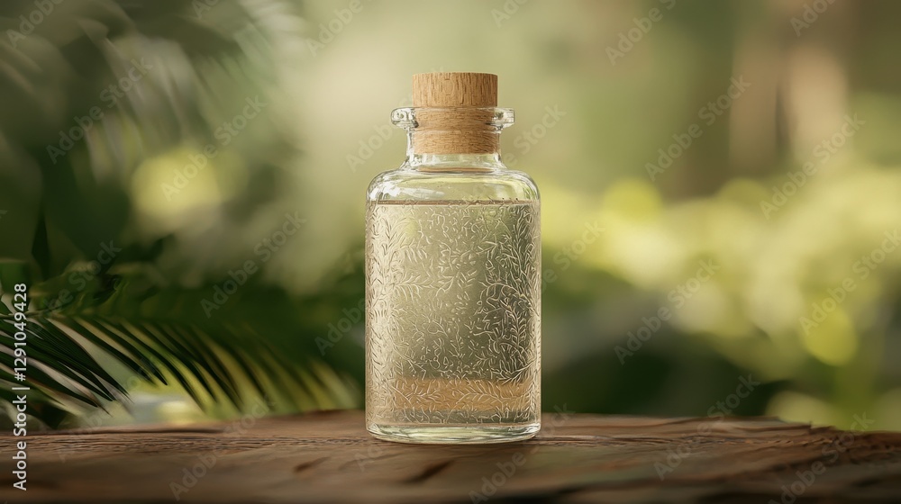 Obraz premium A glass bottle with a cork lid containing a clear liquid, placed on a wooden surface surrounded by vibrant greenery.