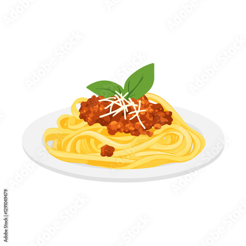 Fettuccine Bolognese, minimalist design, flat illustration, clean design, isolated, white background, pasta, vector, Italian cuisine, digital illustration, meat sauce.

