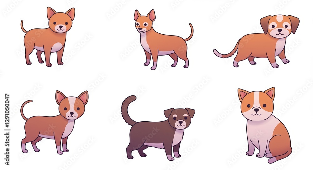 Obraz premium Cute Cartoon Dog Illustration Set Featuring Six Adorable Puppies in a Collection of Playful Poses for Animal-Themed Designs.