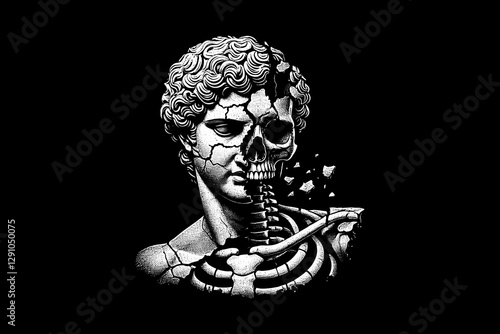 Classical Sculpture and Skeletal on a Fragmented Surface dark art black and white illustration design