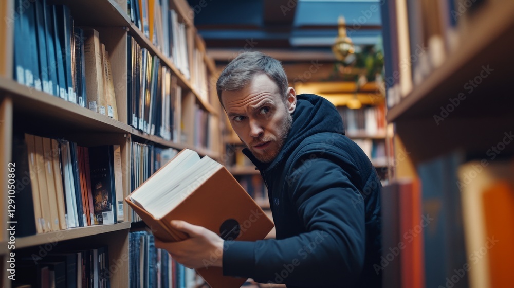 Thief alert in a bookshop, employee noticing a suspicious customer. Featuring swift action and book security Thief alert in a bookshop, employee noticing a suspicious customer. Featuring swift action and book security