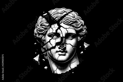 Classical Sculpture and Skeletal on a Fragmented Surface dark art black and white illustration design