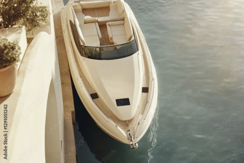 Luxurious yacht docked at serene waterfront harbor with sunlit reflections Luxurious yacht docked at serene waterfront harbor with sunlit reflections