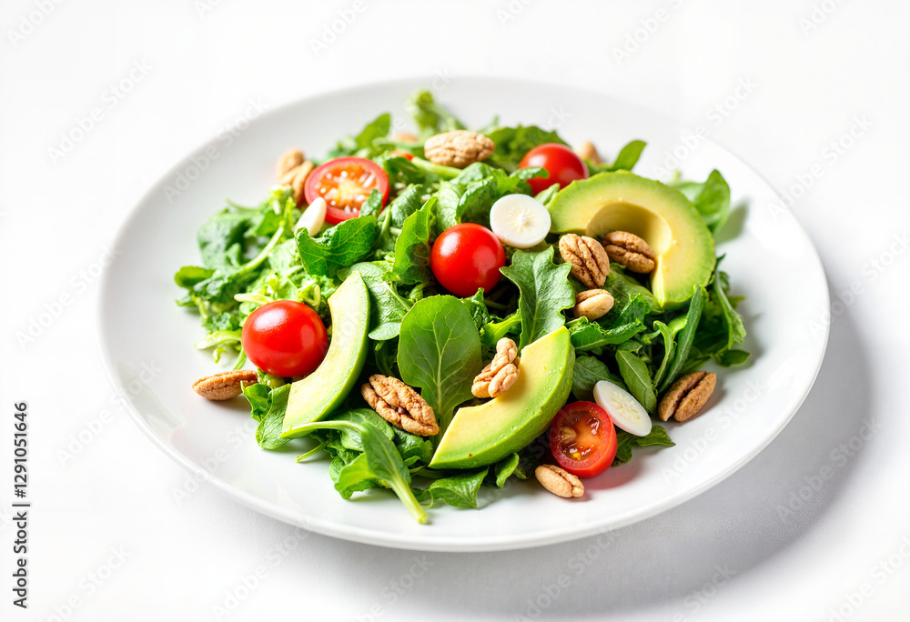 Fresh salad with leafy greens, cherry tomatoes, avocado, and nuts on a white plate Fresh salad with leafy greens, cherry tomatoes, avocado, and nuts on a white plate