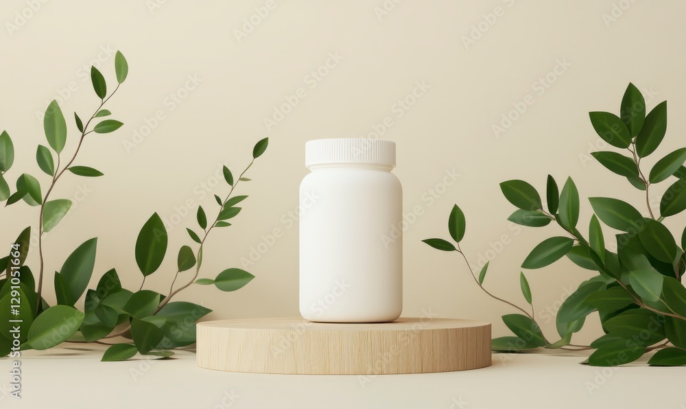 White supplement bottle with white cap and wooden slice podium on a beige background, a mockup for product advertising of natural health products like multivitamins. White supplement bottle with white cap and wooden slice podium on a beige background, a mockup for product advertising of natural health products like multivitamins.