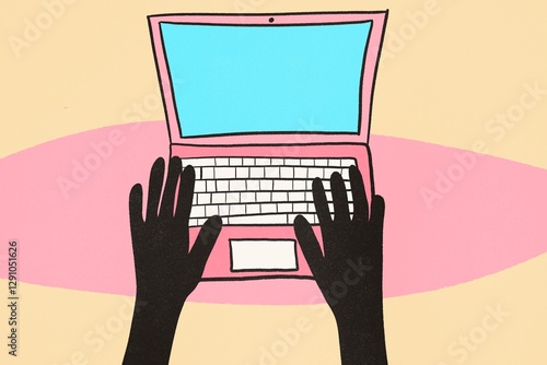 Hands typing on a laptop in a stylish illustrative design photo