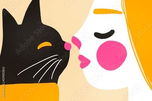 Woman touching nose of a cat, colorful abstract illustration
