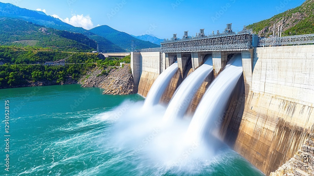 A dam releases water into a vibrant blue reservoir, surrounded by lush green hills and mountains under a clear sky. A dam releases water into a vibrant blue reservoir, surrounded by lush green hills and mountains under a clear sky.