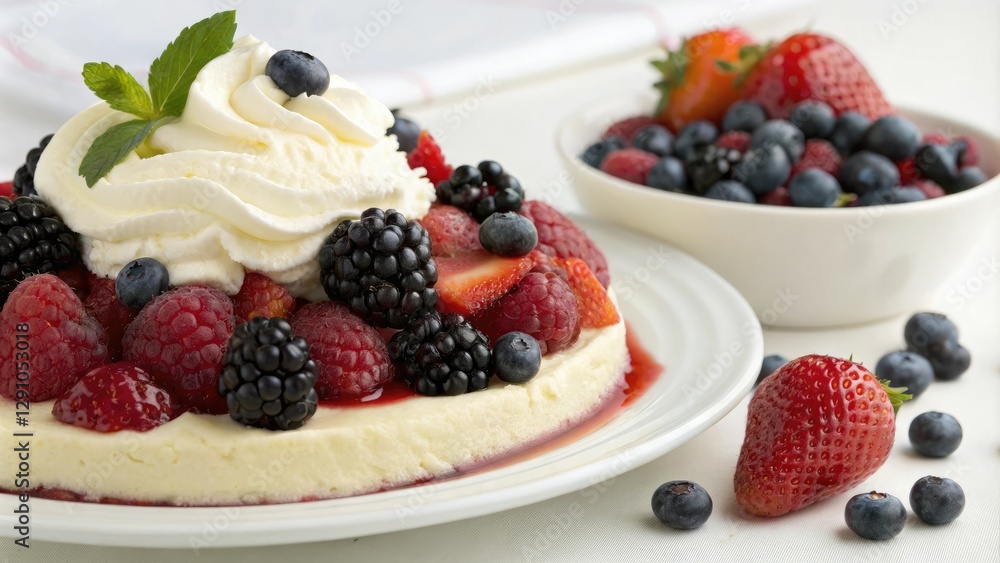 Fresh mixed berries splashed on top of a rich vanilla flavored cream dessert with a dollop of whipped cream, mixed berry dessert, fruit topping Fresh mixed berries splashed on top of a rich vanilla flavored cream dessert with a dollop of whipped cream, mixed berry dessert, fruit topping