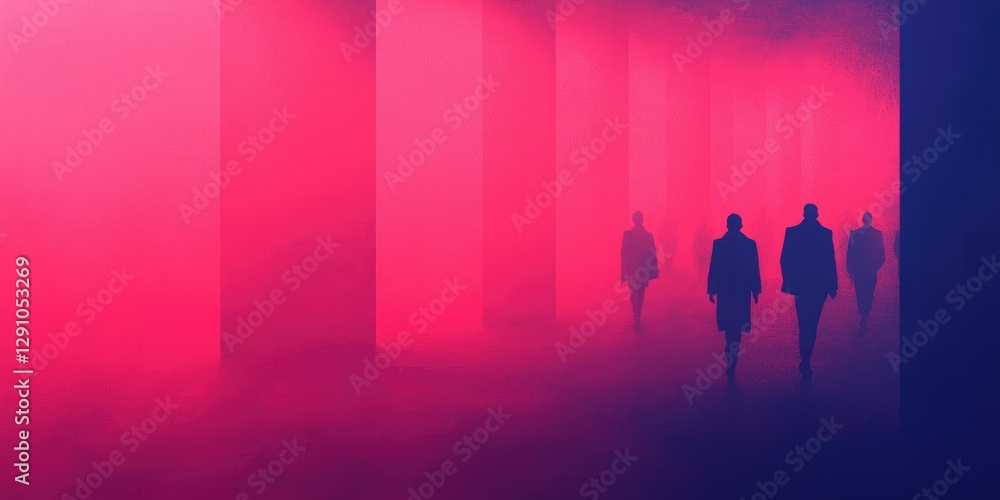 Fototapeta premium Silhouettes of figures emerge from a vibrant fog, illuminated by pink and blue hues, creating a mysterious and atmospheric scene.