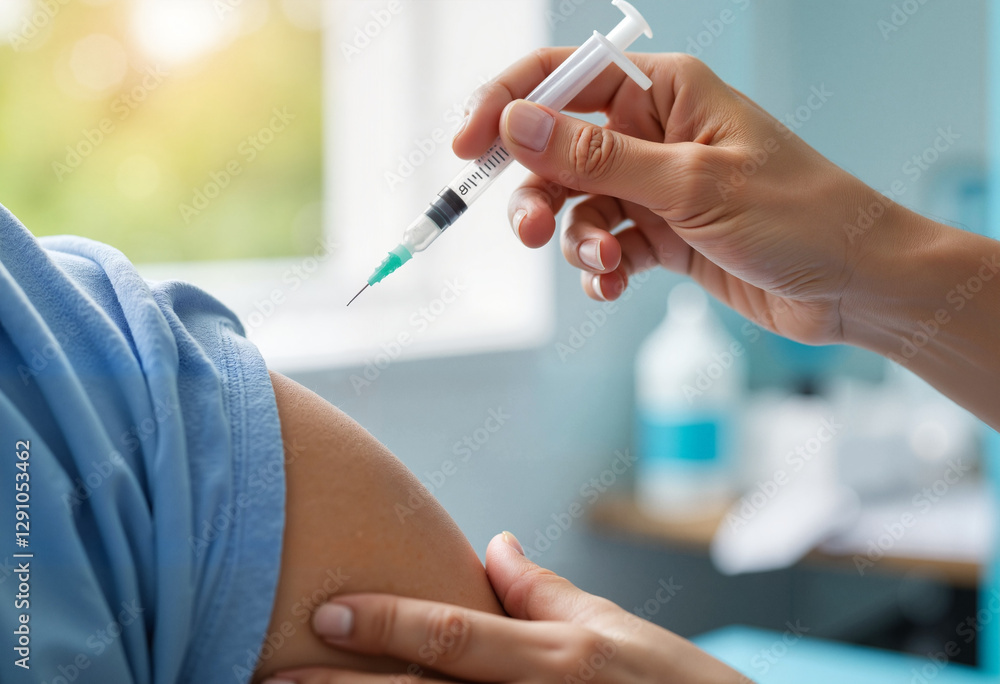Healthcare worker administering a vaccine injection to a patient’s arm Healthcare worker administering a vaccine injection to a patient’s arm