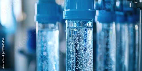 The image shows clear tubes filled with water and bubbles, likely part of a laboratory setup for filtration or purification processes.