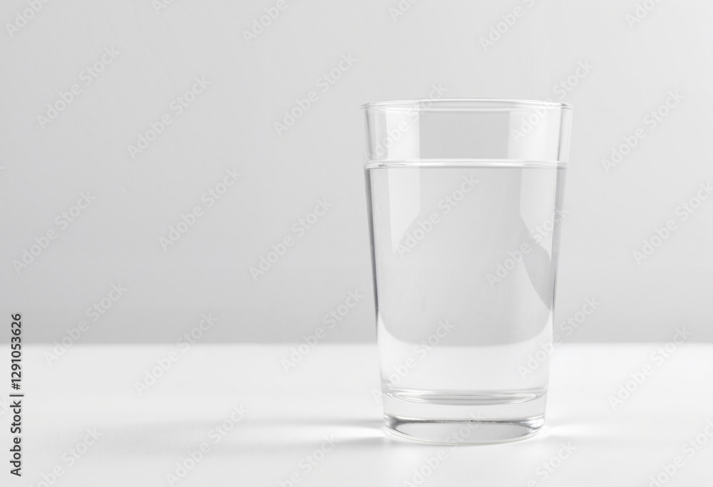 Transparent glass filled with fresh water on a white surface Transparent glass filled with fresh water on a white surface